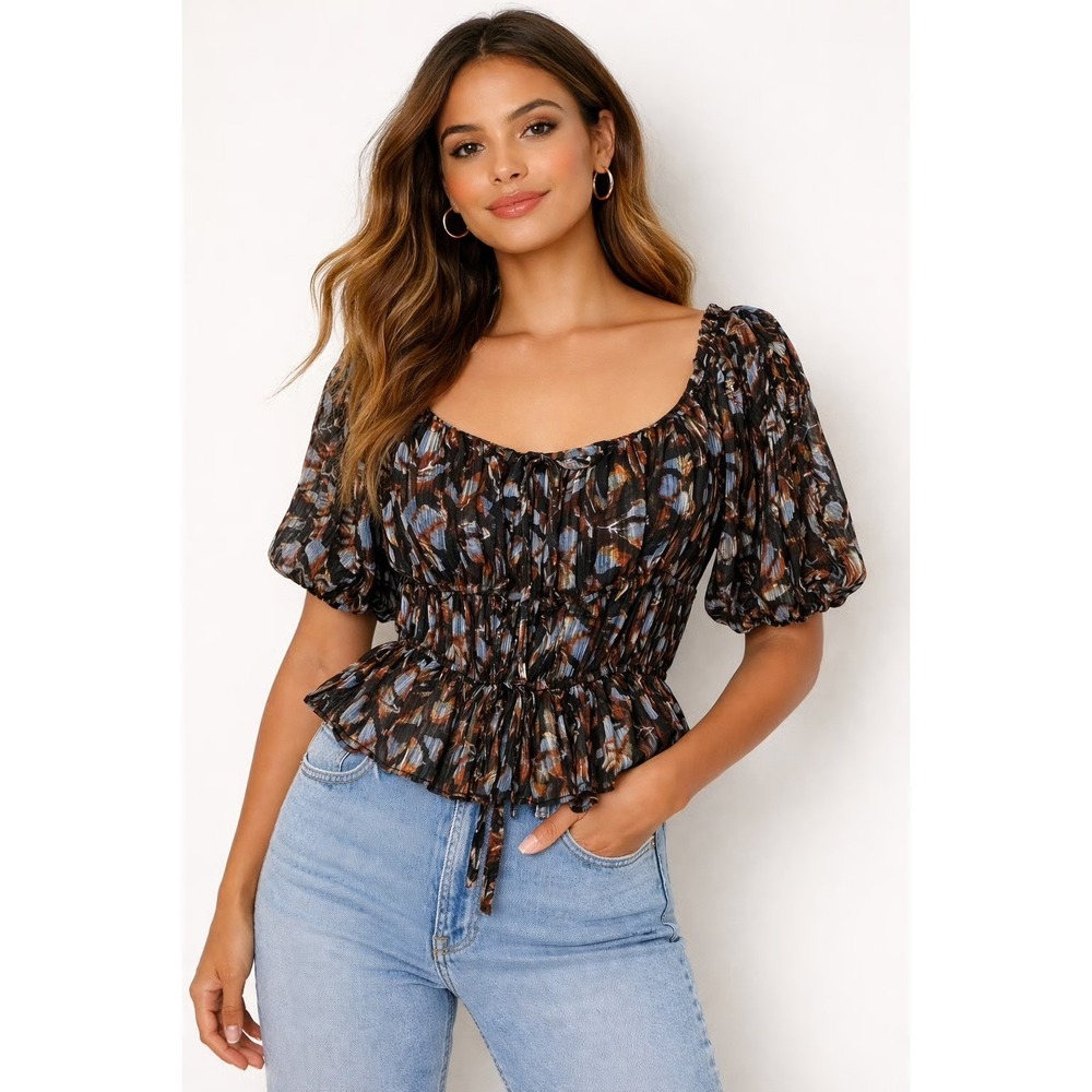 House of Harlow 1960 x REVOLVE Smocked Peplum Blouse Brown Floral Puff Sleeve M